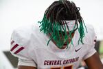 Central Catholic's Elijah Elliott takes a private moment after scoring a touchdown in the Oregon 6A football championship at Hillsboro Stadium in Hillsboro, Ore., Saturday, Dec. 7, 2019. Central Catholic defeated Lake Oswego 49-28.