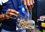 A vendor bags psilocybin mushrooms at a pop-up cannabis market.