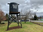 A miniature water tower welcomes visitors to Mill City, Oregon. This photo was taken Jan. 24, 2020.