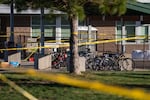 Caution tape surrounds Silver Rail Elementary School in Bend, Ore., on Oct. 16, 2026.