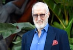 Actor James Cromwell, dressed in a blue suit jacket and shirt with a red pocket square, stands in front of a plant with large leaves. He is wearing sunglasses.
