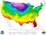 The National Weather Service temperature map for Tuesday.