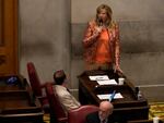 Rep. Gloria Johnson, D-Knoxville, delivers remarks on the floor of the House chamber Thursday, April 6, 2023, in Nashville, Tenn.