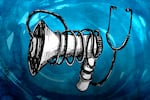 A stethoscope wraps around a megaphone and blocks the opening.