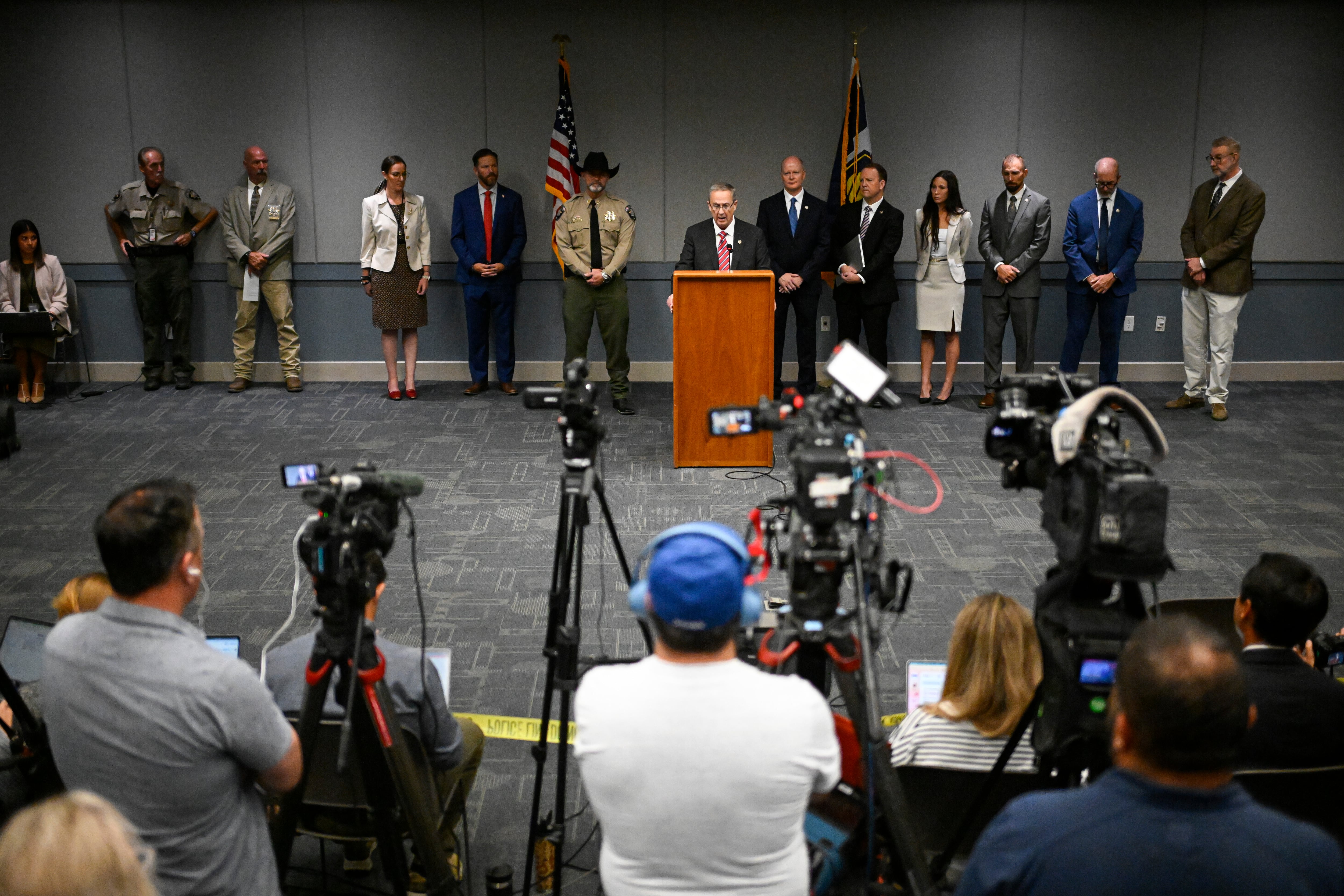 Utah County Attorney Jeff Gray speaks during a news conference announcing charges filed against Tyler Robinson, accused of fatally shooting conservative activist Charlie Kirk, Tuesday, Sept. 16, 2025, in Provo, Utah. (AP Photo/Alex Goodlett)