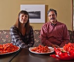 Lane Selman (left) and plant breeder Jim Myers, both of Oregon State University, at a pepper tasting event.