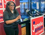 Janelle Bynum speaks to supporters at her election night party at Portland Cider Co. in Clackamas, Ore., May 21, 2024. Early returns showed Bynum with a sizable lead in the Democratic race for Oregon’s 5th Congressional District. 