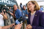 Gov. Kate Brown speaks to reporters following the Reopening Oregon Celebration at Providence Park in Portland, Ore., June 30, 2021 where she announced the end to mandatory mask use and social distancing.