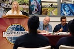 Sarah Coffman from Linfield University and incarcerated adults participate in a debate competition at Oregon State Penitentiary in Salem, Ore. on Monday, Oct. 13