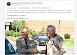 A screenshot of a social media post by the Deschutes County Sheriff's Office in July 2020, showing William Bailey, left, and Sheriff Shane Nelson, following Bailey's swearing in. Bailey has been steadily promoted under Nelson’s administration and received the retiring sheriff’s endorsement for the top job this year.