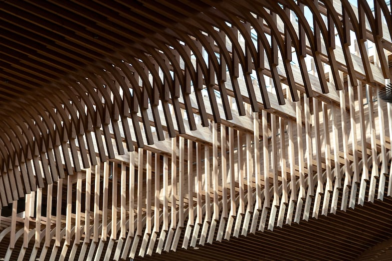 The 9-acre ceiling is made out of Douglas fir, harvested from sustainable forests in Oregon and Washington. 