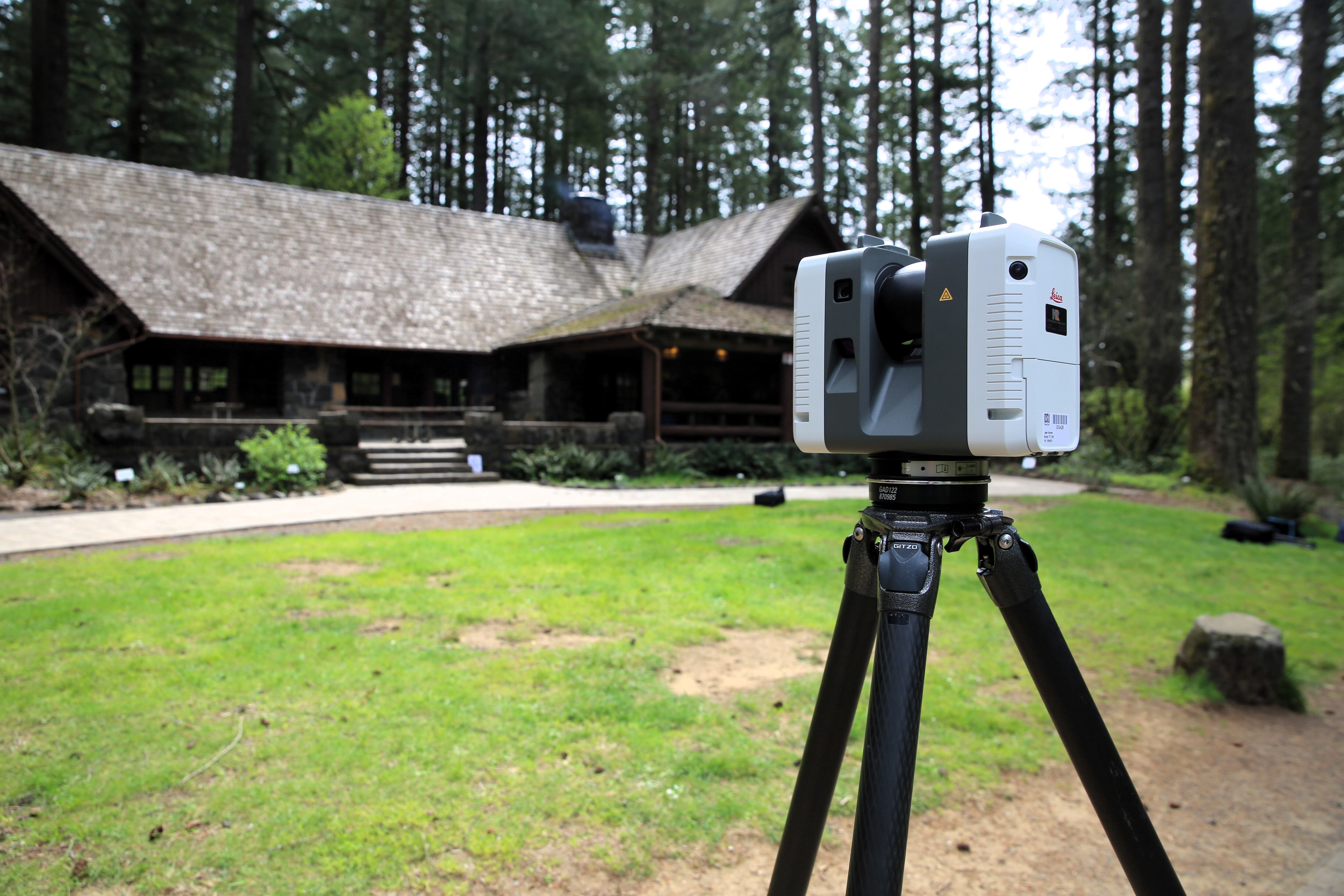 A laser scanner makes a three-dimensional map of Silver Falls Lodge.
