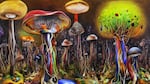 Psychedelic oil painting of a mushroom forest.