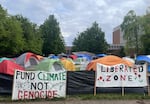 An anti-war protest camp on the University of Oregon campus in Eugene, Ore., May 5, 2024. Students are protesting Israel's actions against people in Gaza.