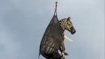 In this image taken from June 8, 2025, video by the Rutherford County Sheriff's Office in Rutherford County, Tennessee, shows the airlifting of a zebra named Ed that had evaded capture for several days after it ran away from its owner.