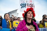 Julia Kosivchuk sings the Ukrainian national anthem during a protest in front of San Francisco City Hall on Feb. 24, 2022, against the Russian invasion of Ukraine. Full story here.