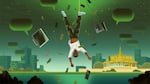 An illustration of a Black man dangling from a wire upside down above a scene of Phnom Pehn, Cambodia, which includes skyscrapers and a temple with floating text message bubbles and smart phones.