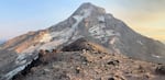 The Coe and Ladd glaciers on the north side of Mount Hood have lost 50% and 80% of their areas, respectively, in the last 120 years. This photograph was taken by a team from the Oregon Glaciers Institute in September 2023 during a photographic survey of Mount Hood's glacial ice cover which found that climate change is accelerating the loss of Mount Hood's glaciers.