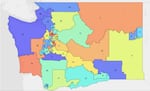 A map that shows the approved legislative districts for Washington state as of March 2024.