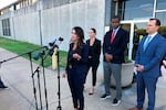 Attorney Alexandra Benevento, center, speaks with reporters during a news conference announcing a cheerleader abuse lawsuit filed in Tennessee on Tuesday, Sept. 27, 2022, in Memphis, Tenn.