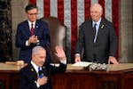 Israeli Prime Minister Benjamin Netanyahu speaks to a joint meeting of Congress at the Capitol in Washington, Wednesday, July 24, 2024, as House Speaker Mike Johnson of La., and Senate Foreign Relations Chair Ben Cardin, D-Md., watch.