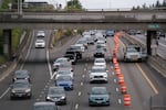 Southbound traffic congests Interstate 5, just north of the I-5 southbound closures through the Rose Quarter for five weeks, on the first full day of closures in Portland, Ore., on Sept. 12, 2026.