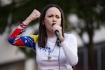 Opposition leader Maria Corina Machado gives a speech during an Anti-government protest on Jan. 9, 2025 in Caracas, Venezuela.