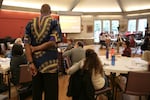 David Campt listens to as attendee of his White Ally Toolkit workshop shares her experience with racism skeptics at the Unitarian Universalist Church of Vancouver on February 17, 2018. 