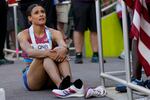 Sydney Mclaughlin, of the United States, recovers after winning the final of the women's 400-meter hurdles at the World Athletics Championships on Friday.