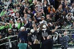The Seattle Seahawks celebrate with the Vince Lombardi Trophy after winning Super Bowl LX against the New England Patriots at Levi's Stadium on February 8, 2026 in Santa Clara, Calif.