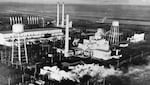 An aerial, black and white photo of the historic "B Reactor" at Hanford, Wash., which was the world's first plutonium production reactor, built in World War II.