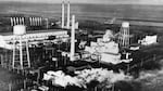 An aerial, black and white photo of the historic "B Reactor" at Hanford, Wash., which was the world's first plutonium production reactor, built in World War II.