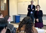 U.S. Senator Ron Wyden and Representative Suzanne Bonamici speak with students at the University of Oregon's Ballmer Institute for Behavioral Health on Oct. 22, 2024. Wyden and Bonamici say Medicaid can help schools pay to hire the program's graduates.