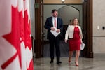 Minister of Finance and Deputy Prime Minister Chrystia Freeland, right, and Minister of Public Safety, Democratic Institutions and Intergovernmental Affairs Dominic LeBlanc arrive for a news conference on Parliament Hill in Ottawa, Ontario, on Dec. 11, 2024.