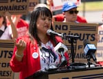 Portland City Councilor Tiffany Koyama Lane said, “I’m here to demand any real deal if there is one,” to the rally outside the Moda Center.