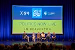 (Left to right) OPB’s Politics & Government Editor Andrew Theen, left, alongside political and regional reporters, Bryce Dole, Elena Neale-Sacks, Holly Bartholomew, Dirk VanderHart and Lauren Dake at a live taping of OPB’s weekly podcast, “Politics Now,” held at the Patricia Reser Center for the Arts in Beaverton, Sept. 30, 2026.