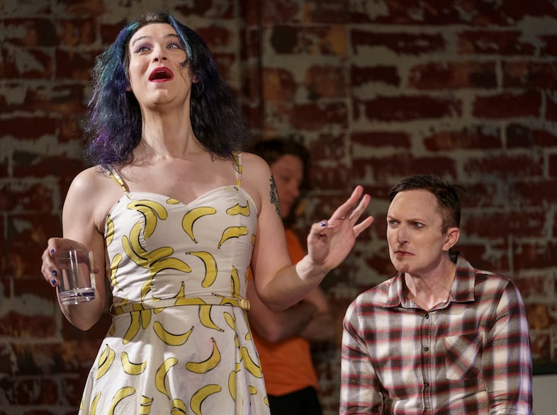 Juliet Mylan, left, plays Ally, along with Harper York who plays Terry/Andrea, in rehearsal on March 9, 2022, for Mikki Gillette’s first staged play, “The Queers.” Gillette says the show is semi-autobiographical, based on experiences she had living openly as a transgender woman.