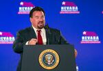 Nevada Republican Party Chair Michael McDonald announces then-President Donald Trump before he speaks at the party's convention on June 23, 2018, in Las Vegas.