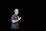 Apple CEO Tim Cook speaks during an announcement of new products on the Apple campus in September 2023.