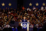 President Trump speaks on stage on the first day of the 2026 Republican National Convention Sept. 9, 2026 in Dallas, Texas.