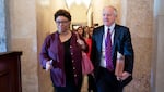Shalanda Young, director of the Office of Management and Budget; and Steve Ricchetti, counselor to the president, leave the U.S. Capitol on May 19.