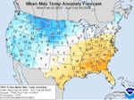 Only a narrow band of the continental U.S. is expected to stay within historical temperature norms this week, according to the National Weather Service's "Mean Max Temp Anomaly Forecast" map.