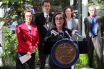 Gov. Kate Brown speaks at an event in Portland on June 28, 2016. Brown said she is not ready to take a stance on a controversial corporate tax measure on this fall's ballot.