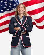 Swimmer and Olympic gold medalist Katie Ledecky models Ralph Lauren's blazer for the 2024 Olympics' opening ceremony. Oregon-based Shaniko Wool Company provided wool for the blazer.