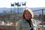 Vancouver Mayor Anne McEnerny-Ogle stands in front of the Interstate 5 bridge on April 25, 2023. McEnerny-Ogle has been one of the most vocal supporters of a massive replacement for the aging bridge.