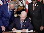 President Biden signs The Inflation Reduction Act with Democratic Senate Majority Leader Charles Schumer from N.Y. and Democratic House Majority Whip James Clyburn from South Carolina in the White House on Aug. 16.