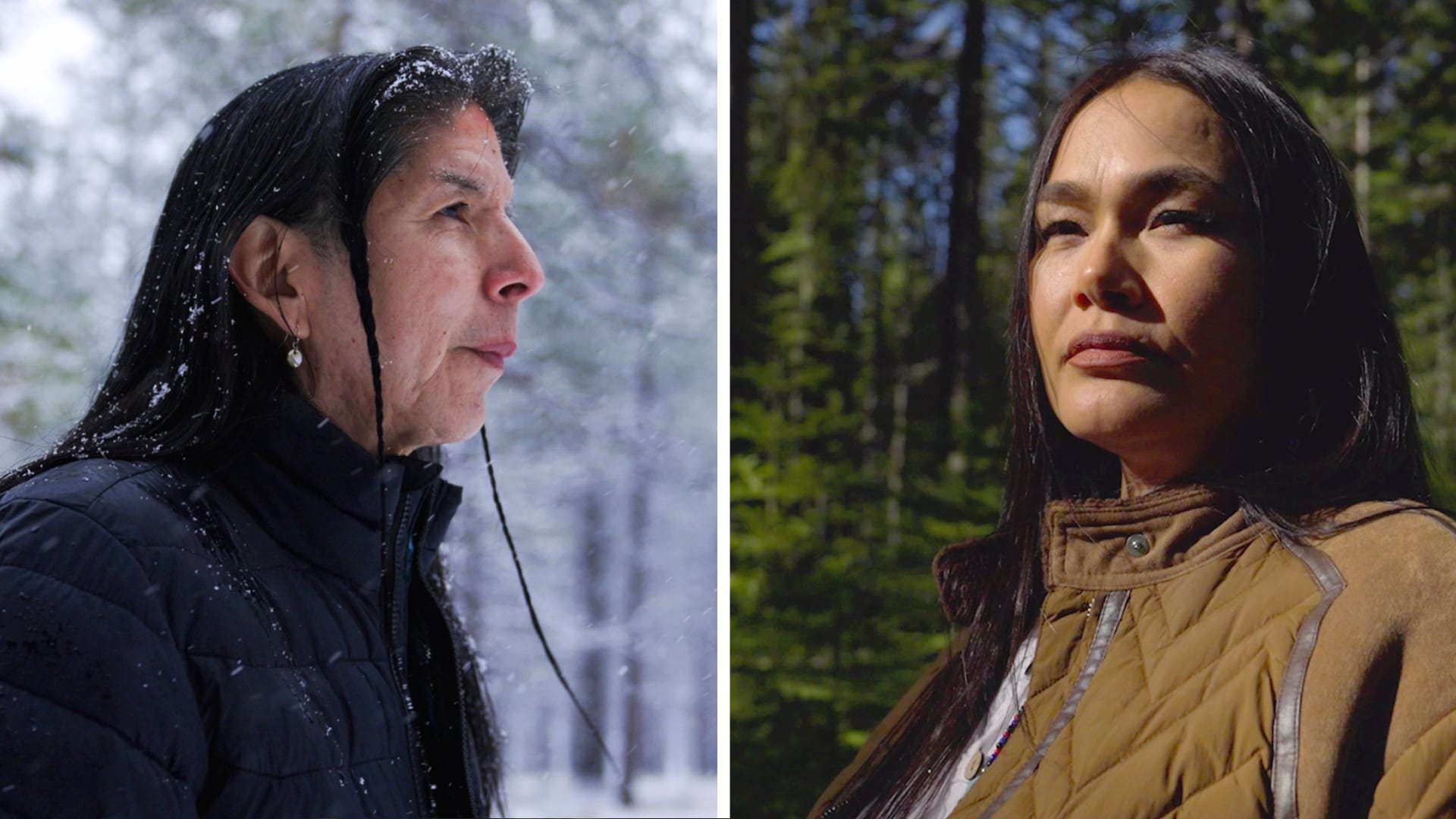 (L) Phil Cash Cash walks through the snowy lands of Pashwá’i, also known as Bend, Ore. (R) Acosia Red Elk takes a moment to reflect on Bigfoot stories on Umatilla land.