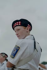 Drew Geisendorff, from the Indianapolis 500 Gordon Pipers, stands watch after performing on the National Mall during the Freedom 250 Grand Prix on Aug. 22, 2026, in Washington, D.C.