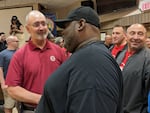 UAW President Shawn Fain speaks with Volkswagen workers at a union watch party in Chattanooga, Tenn., on April 19, 2024.