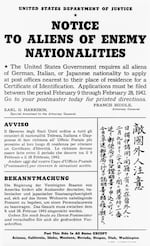 A 1942 poster notifies U.S. residents of Japanese, German and Italian nationality to apply at their nearest post office for a certificate of registration.